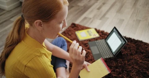 Preteen Redhead Girl Studying At Home Fo... | Stock Video 