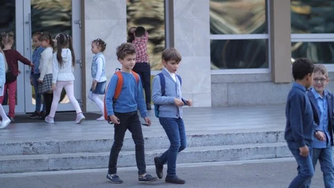 Preteen schoolboys talking while leaving school Video stock 122300231