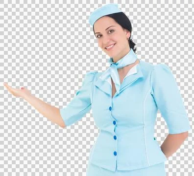 Pretty air hostess presenting with hand Stock Illustration