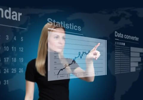 Pretty blonde drawing chart on virtual touch screen interface. Stock Illustration