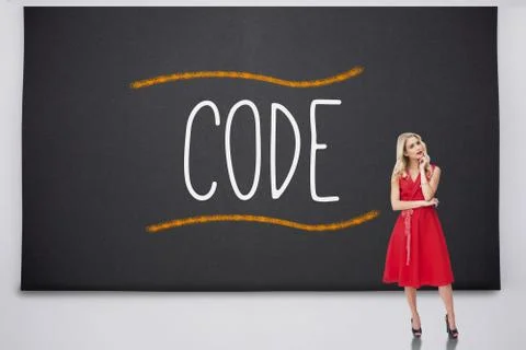 Pretty blonde thinking against the word code Stock Illustration