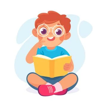Pretty Boy Reading Book Sitting Cross Legged Vector Illustration Stock Illustration