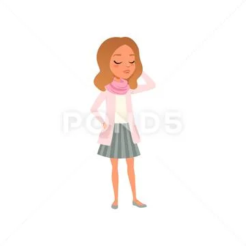 Pretty brunette girl posing in t-shirt, pink jacket, scarf and striped skirt Stock Illustration