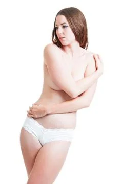 Pretty Brunette Posing Topless Stock Photos