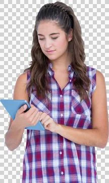 Pretty brunette using tablet computer Stock Photos