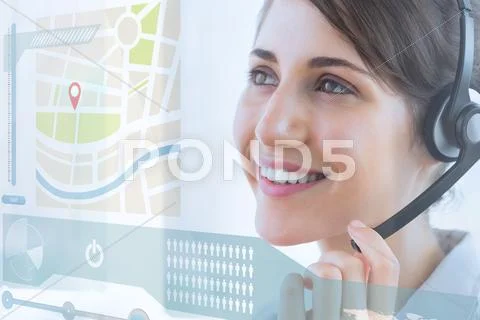 Pretty call center employee using futuristic interface hologram Stock Illustration