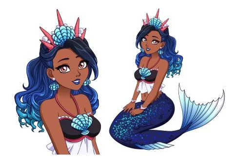 Pretty cartoon mermaid princess with curly blue hair, dark skin, shiny blue f Stock Illustration