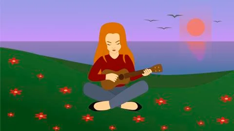 Pretty cartoon young girl with long red hair playing ukulele sitting  Stock Illustration