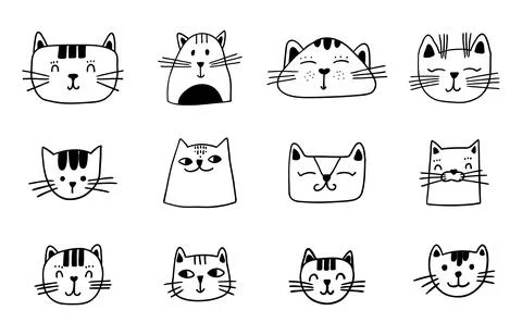 Pretty cat head set. Funny kitten linear sketches. cats illustration for print Stock Illustration