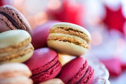 Pretty Christmas macarons selective focus text over lay Fotos Stock