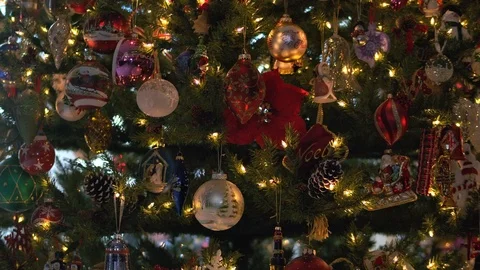 Pretty Christmas Tree Close Up Tracking Shot With Lights And Ornaments Video stock 122606176