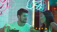 Pretty Couple Having Meal And Laughing In Modern Cafe Stock Footage