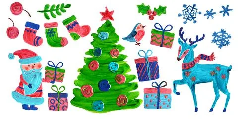 Pretty cute funny element set with Christmas. Hand painting acrylic, oil paint Stock Illustration