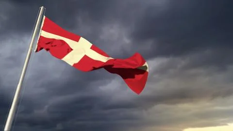 Pretty Denmark flag on massive dark clouds backdrop - abstract 3D illustration Stockillustratie