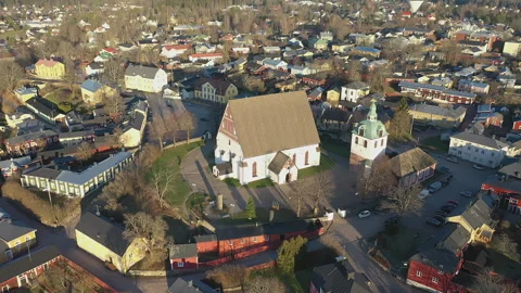 Pretty drone point of view of the Evangelical Lutheran Church in Porvoo. Stock Footage 339637238