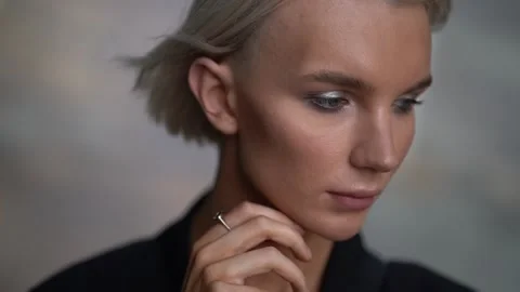 Pretty effeminate man model face with makeup, closeup portrait of gay Stock Footage 136124893