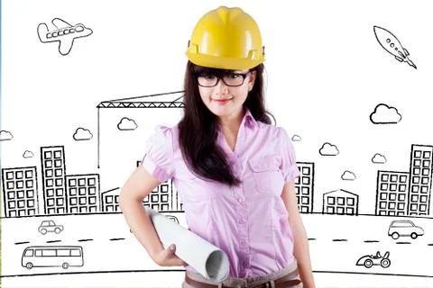 Pretty engineer with project design Illustrazione stock