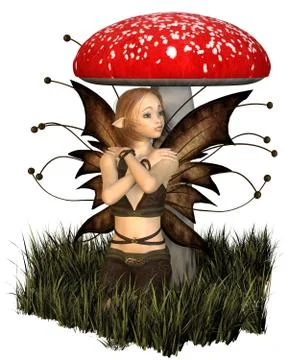 Pretty Fairy Sheltering Under a Toadstool Stock Illustration