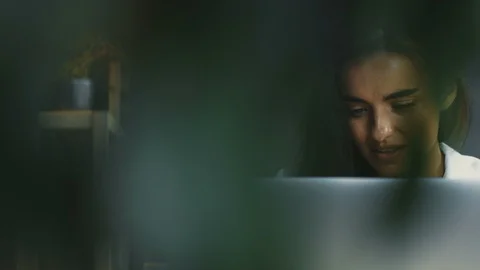 Pretty female freelnacer working cafe with laptop and smiling Stock Footage 117136337