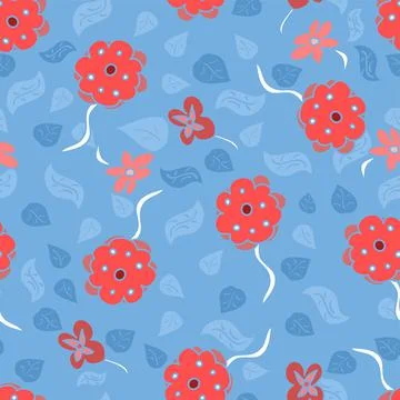Pretty Flower Vector Repeat Pattern In Coral Pink And Sky Blue Stock Illustration