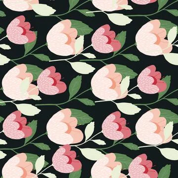 Pretty flowers seamless pattern on black background. Vintage botany texture. Stock Illustration