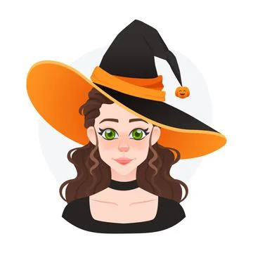Pretty funny witch avatar for game or advertising. Halloween magician girl with Illustrazione stock