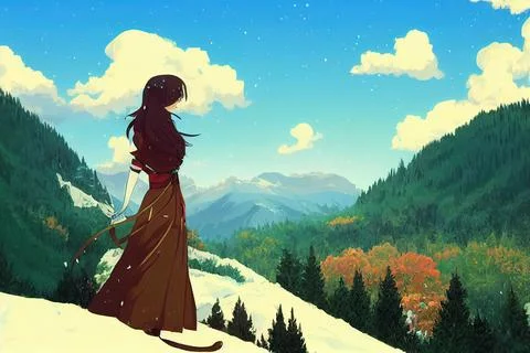 Pretty Girl in Beautiful Carpathian Mountains anime style, cartoon Stock Illustration