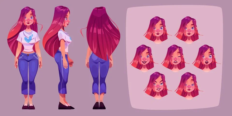 Pretty girl with different emotions Stock Illustration