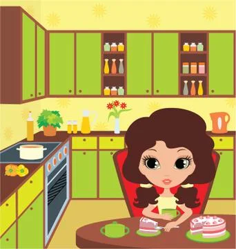 Pretty girl eats a pie Stock Illustration