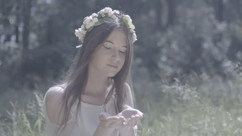Pretty girl in the field collects flowers #6 Stock Footage
