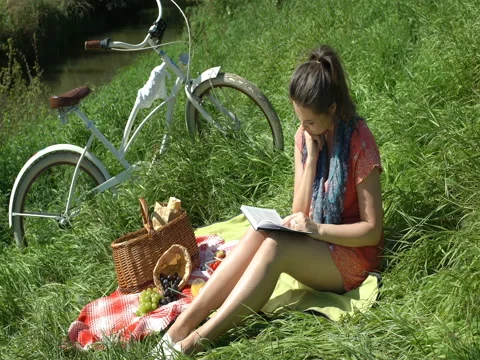 Pretty girl having a picnic and reading interesting book, steadycam shot Stock Footage