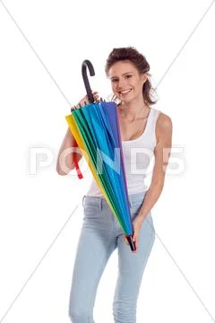 Pretty girl posing with color umbrella Stock Photos
