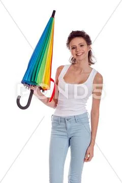 Pretty girl posing with color umbrella Stock Photos
