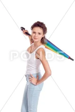 Pretty girl posing with color umbrella Stock Photos