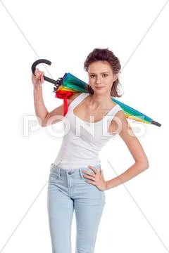 Pretty girl posing with color umbrella Stock Photos