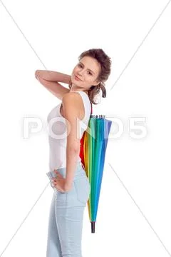 Pretty girl posing with color umbrella Stock Photos