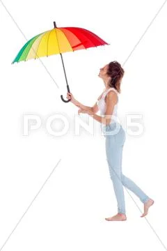 Pretty girl posing with color umbrella on white background Stock Photos