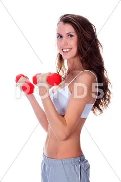 Pretty girl with red barbells Stock Photos