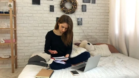 Pretty Girl Study at Home Using Laptop Stock Footage 102495938