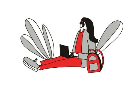 Pretty girl with tail using her computer. Digital nomad. Cute female person s 스톡 일러스트