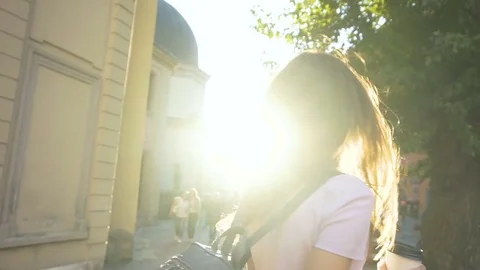 Pretty Girl Walking Happily with Coffee Stock Footage