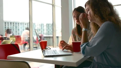 Pretty Girls Designers Using Laptop Computer for Working in Cafe 스톡 동영상 80458433