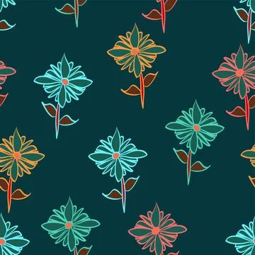 Pretty Glow In The Dark Effect Multicolor Floral Scatter Pattern On Teal Gree Illustrazione stock