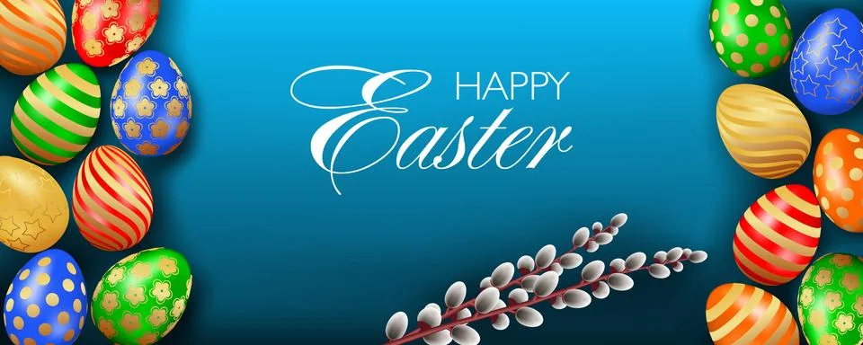 Pretty Happy Easter website header or banner template with 3D eggs 스톡 일러스트