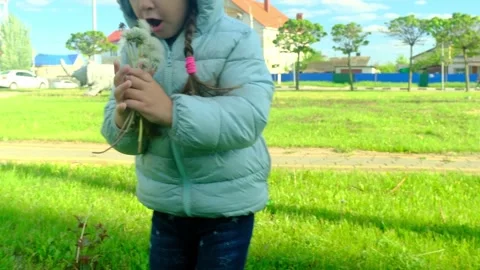 Pretty kid playing and smiling outside in a park. Happy little girl playing outs Stock Footage 279073709