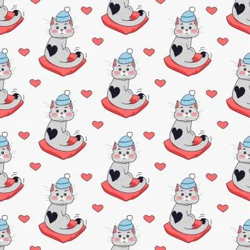 Pretty Kitten in Blue Hat and Red Pillow. Vector Stock Illustration