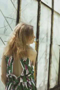 Pretty lady from behind standing by window scenic photography Foto stock
