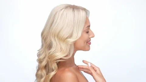 Pretty lady stand profile side touch finger neck isolated white color background Stock Footage 166099439
