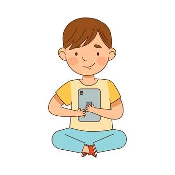 Pretty Little Boy Using Tablet PC as Electronic Gadget Vector Illustration Illustrazione stock