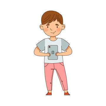 Pretty Little Boy Using Tablet PC as Electronic Gadget Vector Illustration Stock Illustration